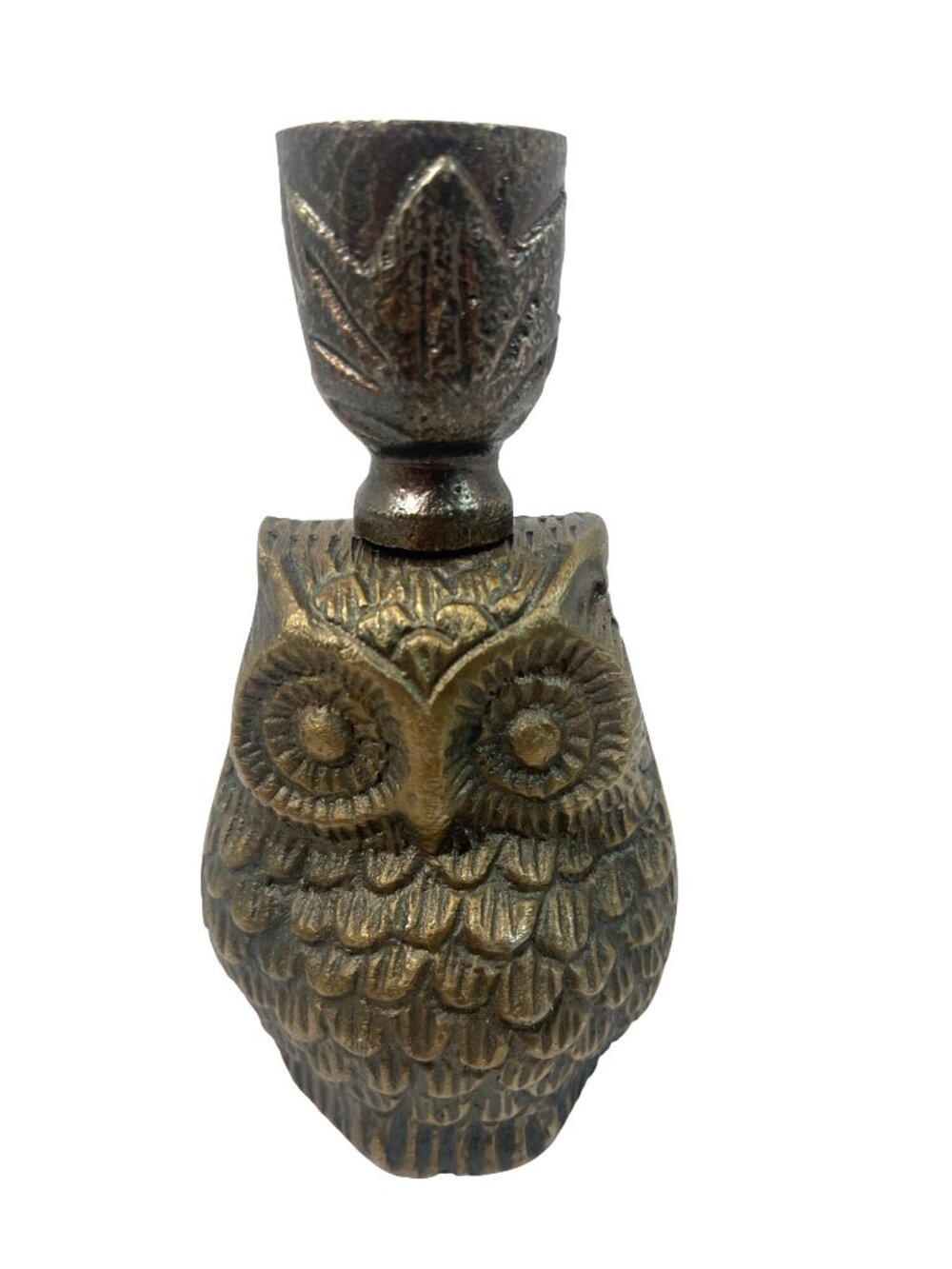 Vintage Brass Owl Candle Holder Statue 3.5" Tall With Detailed Feather Design